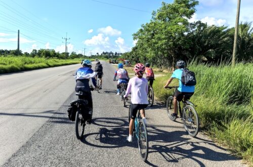 Grupo de ciclistas durante una excursión a Ojo de Agua, junto al río Ariguanabo, en Cuba